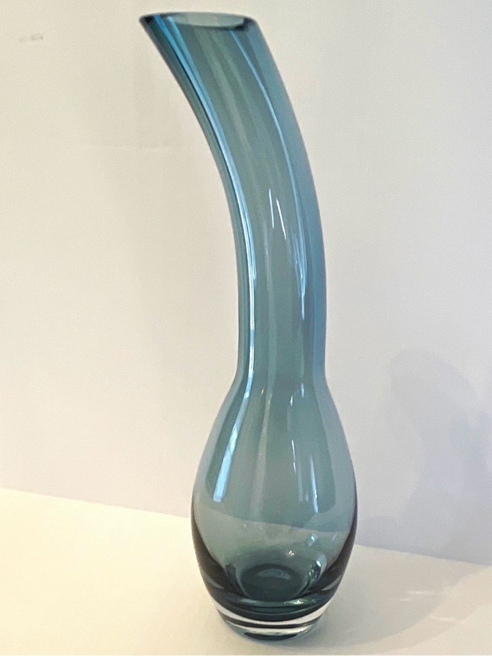 Blown Art Glass Smokey BlueGoose Neck Trumpet Vase Slanted Rim